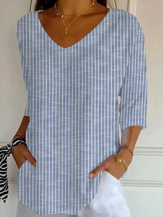 Women's Three Quarter Sleeve T-shirt Spring/Fall Blue Striped Printing V Neck Daily Going Out Casual Top