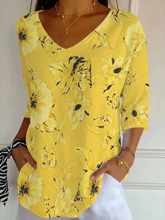 Women's Three Quarter Sleeve T-shirt Spring/Fall Yellow Floral Printing V Neck Daily Going Out Casual Top