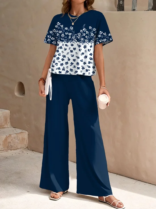 Abstract Floral Round Neck Short Sleeve Top With Elastic Waist Band Pants Casual Two-Piece Set