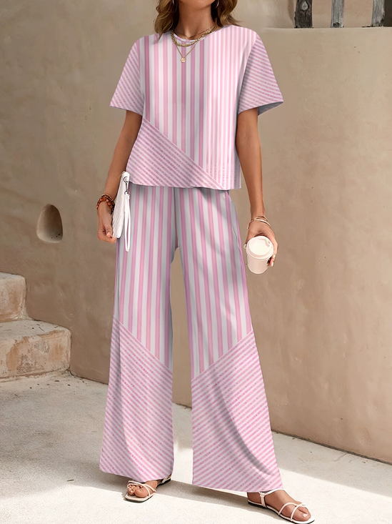 Pink Striped Round Neck Short Sleeve Top With Elastic Waist Band Pants Casual Two-Piece Set