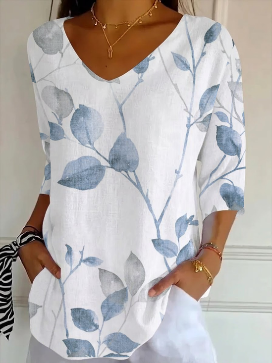 Women's Three Quarter Sleeve T-shirt Spring/Fall White Floral Printing V Neck Daily Going Out Casual Top
