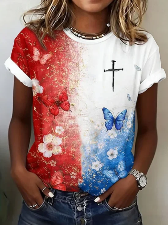 Women's Short Sleeve T-shirt Summer White Independence Day (Flag) Printing Jersey Crew Neck Daily Going Out Casual Top