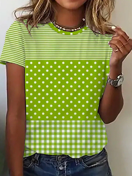 Women's Short Sleeve T-shirt Summer Green Polka Dots Printing Jersey Crew Neck Daily Going Out Casual Top