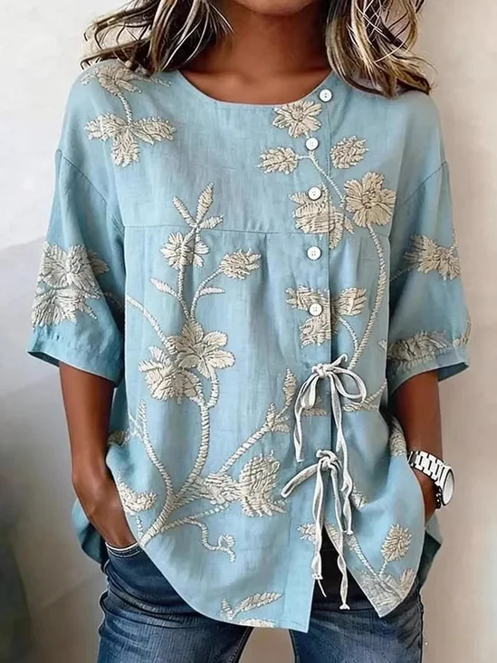 Polyester Cotton Floral Round Neck Short Sleeve Button Drawstring Casual Blouse
