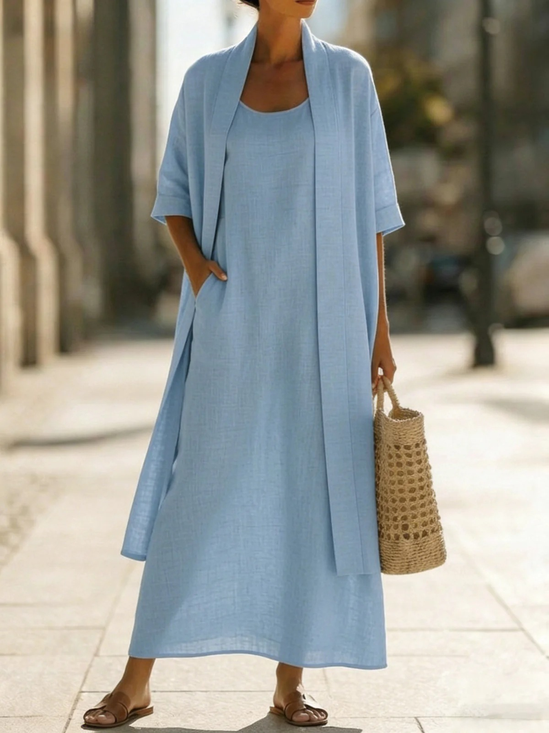 Cotton Linen Round Neck Long Slip Dress With Matching Outfit