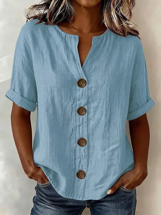 Women's Button-Down Shirt — 3/4-Sleeve V-Neck Cotton-Linen Top | Stylish Buttoned Casual Shirt