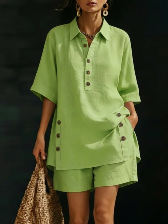 Cotton Blend Shawl Collar Short Sleeve Button Top With Shorts Casual Two-Piece Set