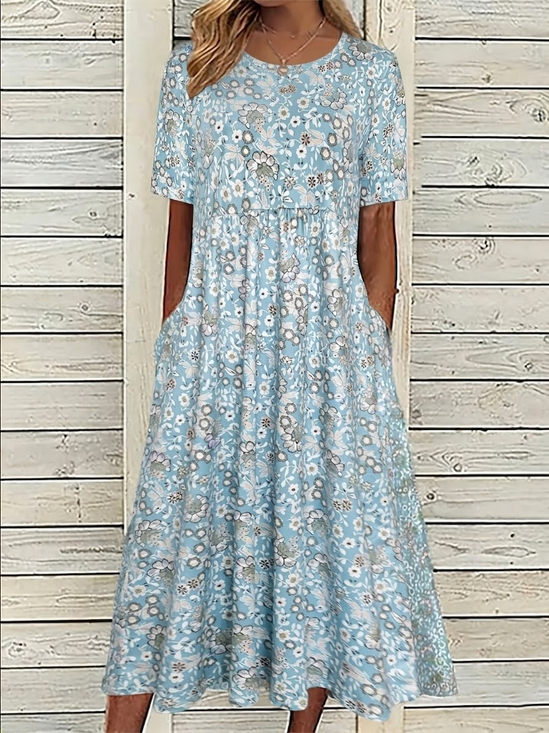 Women's Short Sleeve Summer Blue Floral Printing Crew Neck Daily Going Out Casual Maxi H-Line Shift Dress Dress