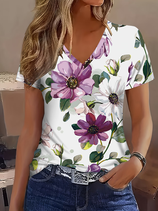 Women's Short Sleeve T-shirt Summer White Floral Printing V Neck Holiday Going Out Vintage Top