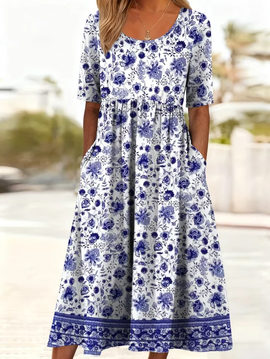 Women's Short Sleeve Summer Blue Floral Printing Crew Neck Daily Going Out Casual Maxi H-Line Shift Dress Dress