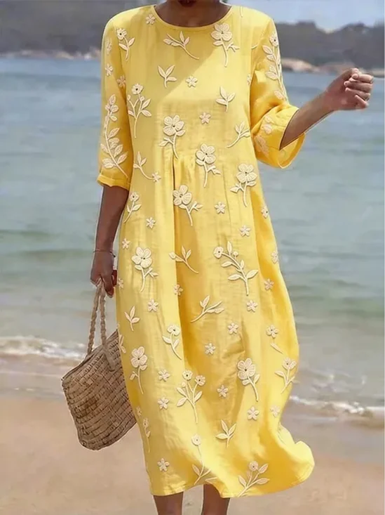 Women's Half Sleeve Summer Yellow Floral Printing Crew Neck Daily Going Out Casual Maxi H-Line Dress