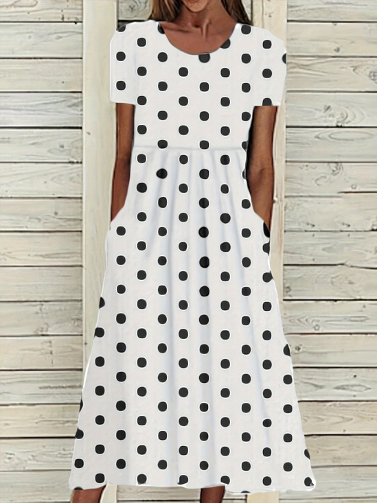 Women's Short Sleeve Summer White Polka Dots Printing Crew Neck Daily Going Out Casual Maxi H-Line Shift Dress Dress