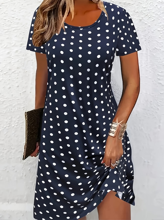 Women's Short Sleeve Summer Navyblue Polka Dots Printing Crew Neck Daily Going Out Casual Midi A-Line T-Shirt Dress Dress