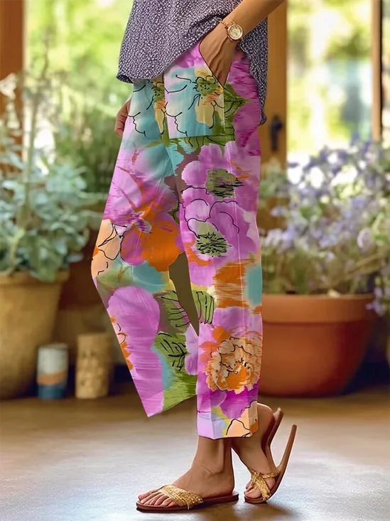 Women's  H-Line Baggy Pants Daily Going Out Pants Purple Casual Printing Floral Spring/Fall Pants