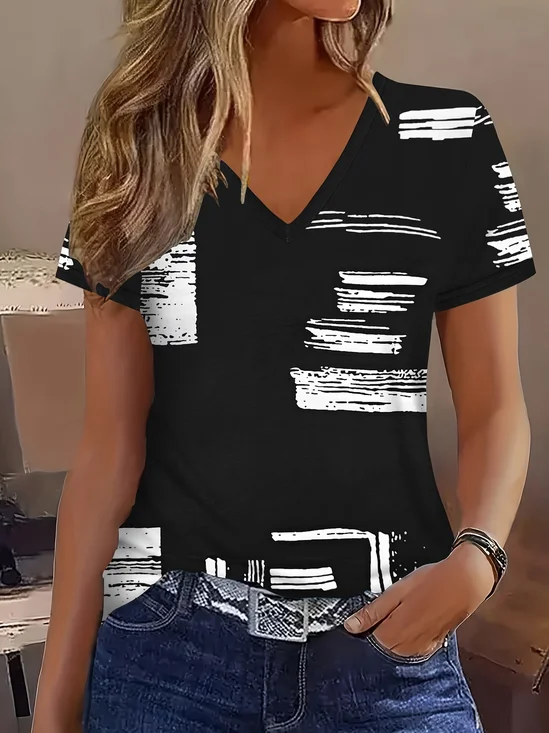 Women's Short Sleeve T-shirt Summer Black Abstract Printing V Neck Holiday Going Out Vintage Top