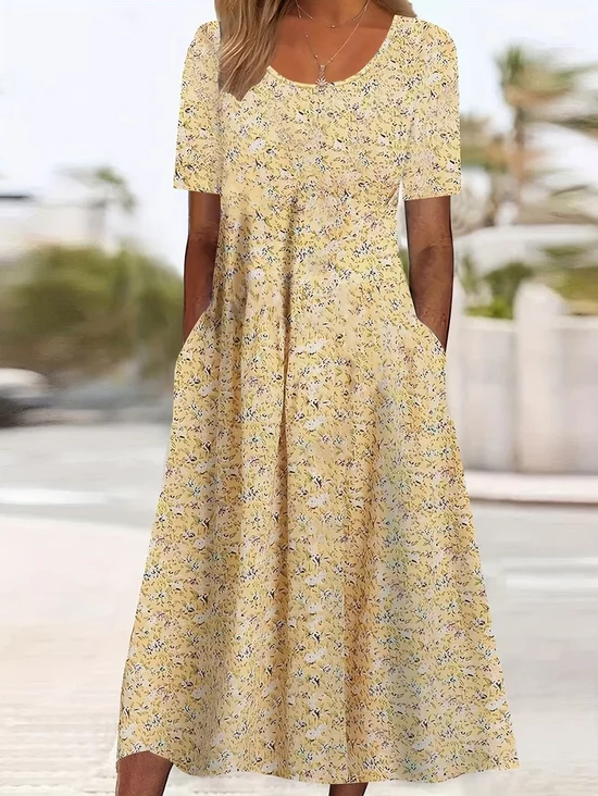 Women's Short Sleeve Summer Yellow Floral Printing Crew Neck Daily Going Out Casual Maxi H-Line Shift Dress Dress