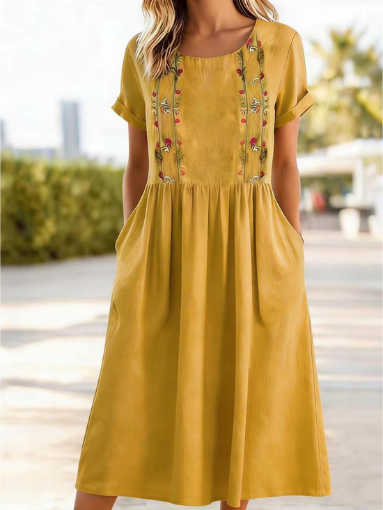Women's Short Sleeve Summer Yellow Floral Printing Crew Neck Daily Going Out Casual Maxi H-Line Shift Dress Dress