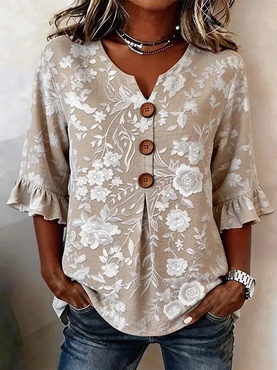 Women's 3D Floral Print V-Neck Half Sleeve Shirt with Wooden Buttons