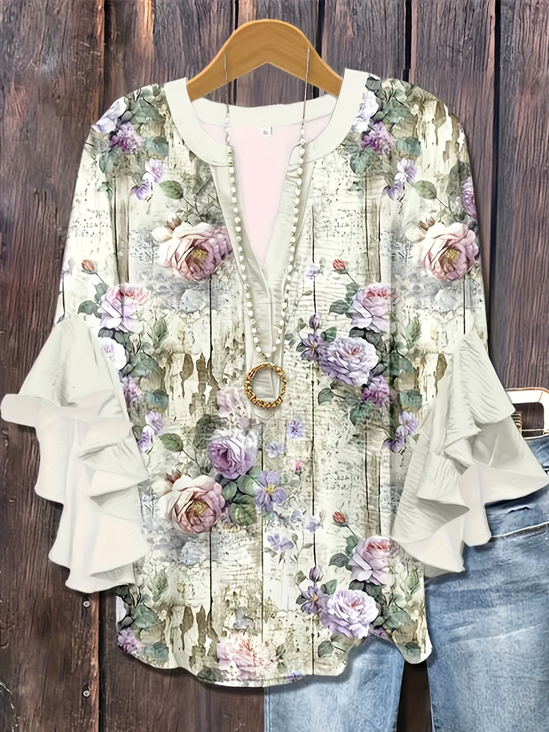 Women's Half Sleeve Shirt Summer White Floral Printing V Neck Daily Going Out Casual Top