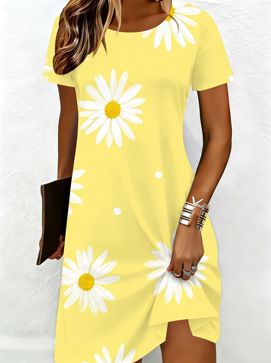 Women's Short Sleeve Summer Yellow Floral Printing Crew Neck Daily Going Out Casual Midi A-Line T-Shirt Dress Dress