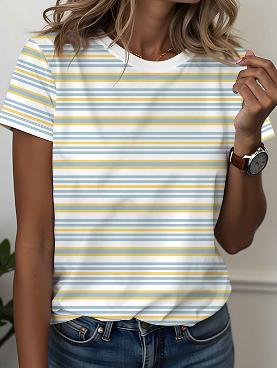 Women's Short Sleeve T-shirt Summer White Striped Printing Jersey Crew Neck Daily Going Out Casual Top
