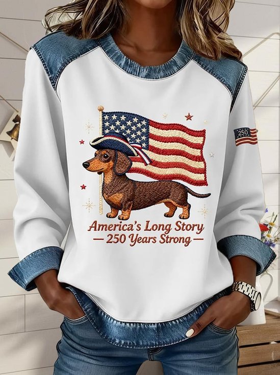 Street Denim Color Block Dog Round Neck Long Sleeve Amercia Flag Going Out Casual Sweatshirt