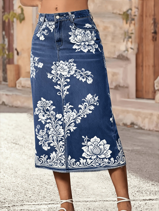 Denim Look Floral Printed Mid Waist Button A-Line Casual Midi Skirt
