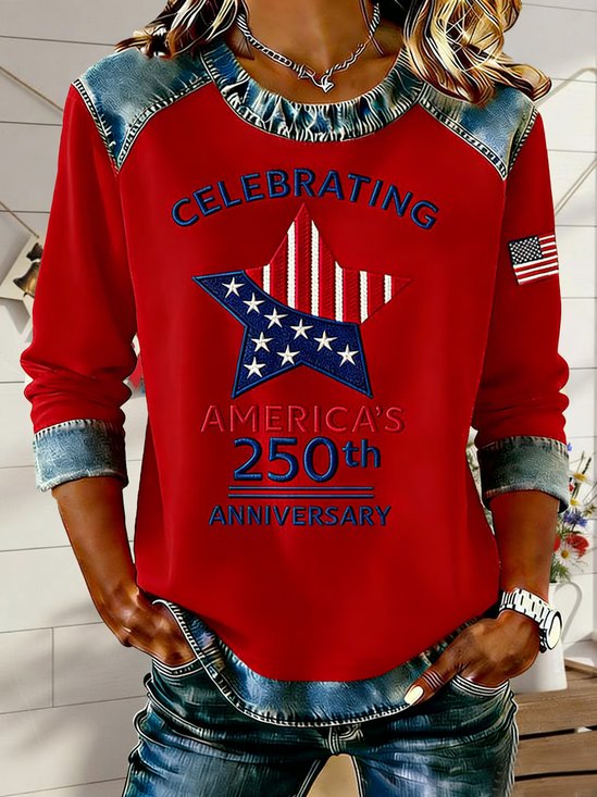 Street Denim Color Block Letter Pattern Round Neck Long Sleeve Independence Day Going Out Casual Sweatshirt
