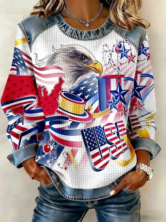 Street Denim Color Block Letter Pattern Round Neck Long Sleeve Independence Day Going Out Casual Sweatshirt