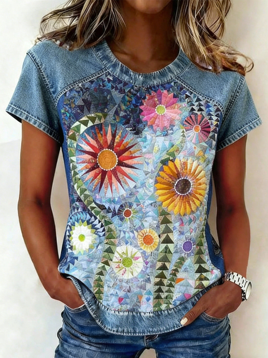 Denim Casual Pop Art Print Crew Neck T-Shirt