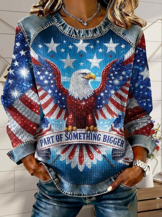 Street Denim Color Block Eagle Old Glory Round Neck Long Sleeve Independence Day Going Out Casual Sweatshirt