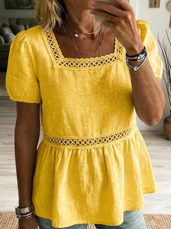 Cotton And Linen Lace Trim Square Neck Puff Short Sleeve Summer Going Out Casual Top