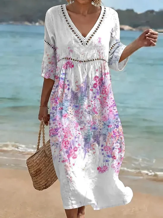 Cotton Blend Abstract Floral Printed V Neck Short Sleeve Lace Summer Going Out Elegant Casual Dress