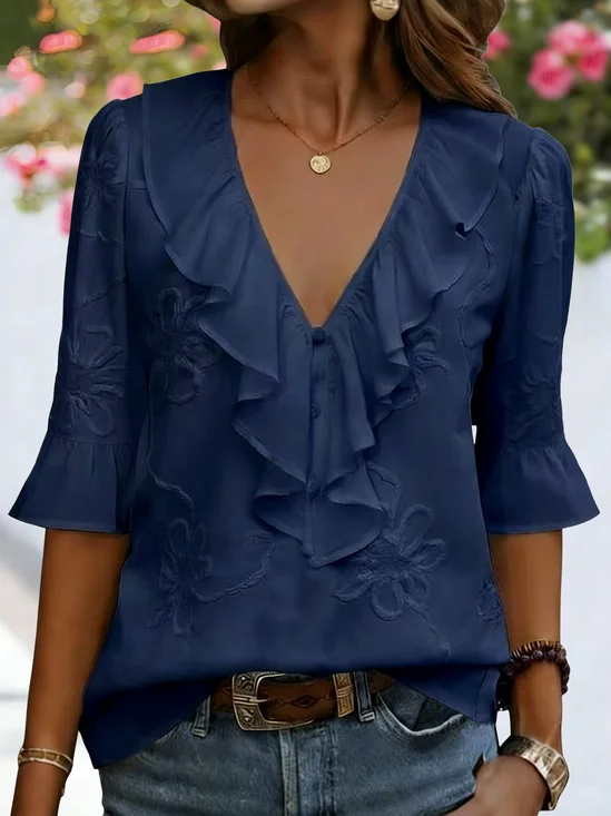 Women Ruffle V Neck The Quarter Sleeve Embroidery Patterns Spring Summer Going Out Elegant Blouse