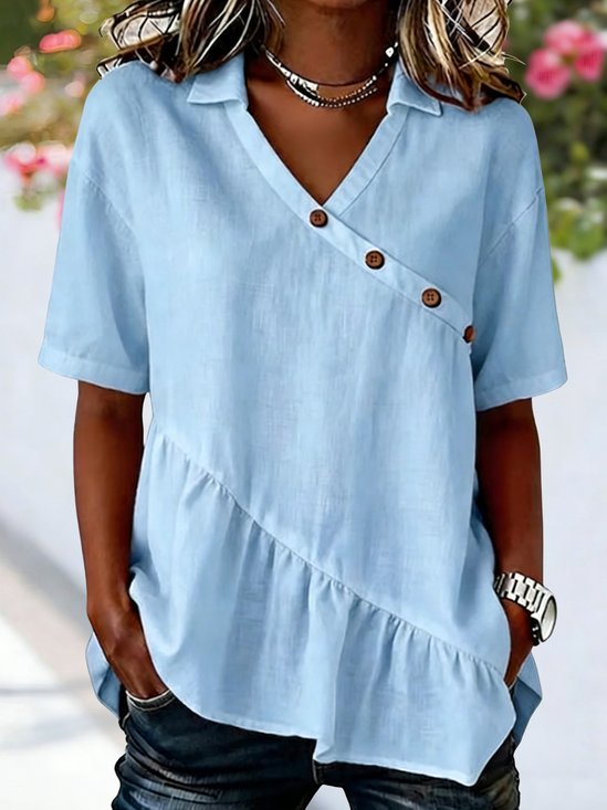 Cotton And Linen V Neck Short Sleeve  Button Summer Going Out Casual Shirt