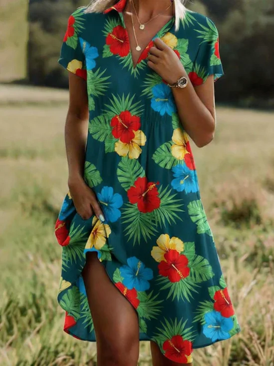 Tropical Sytle Leaf Shirt Collar Shirt Dress With No