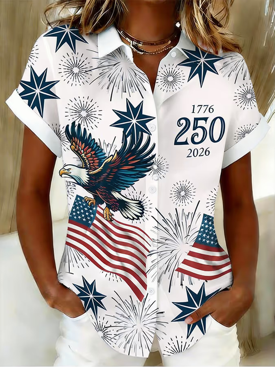 Women's Short Sleeve Shirt Summer White Independence Day (Flag) Printing Shirt Collar Daily Going Out Casual Top