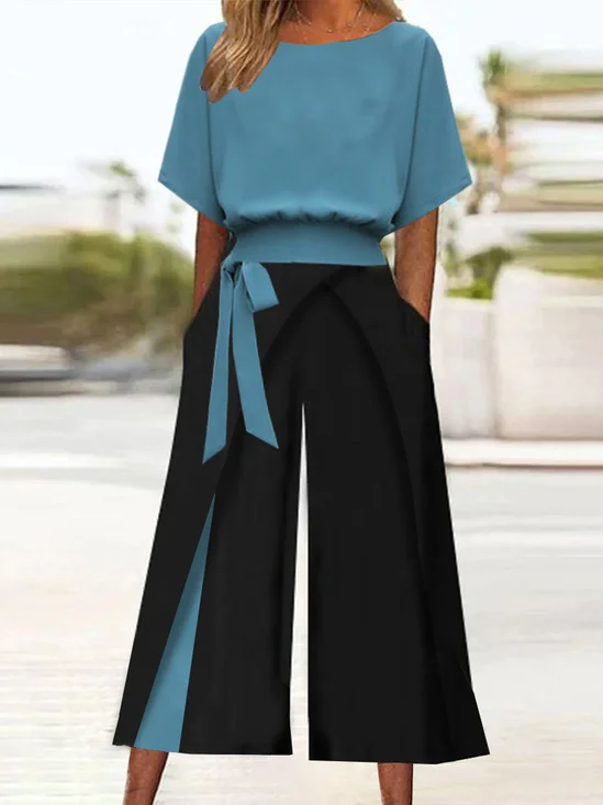 Women's 2-Piece Outfit Teal Top and Black Cropped Wide Leg Pants Set with Tie Waist