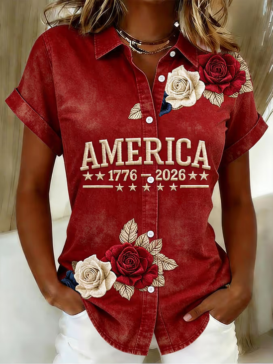 Women's Short Sleeve Shirt Summer Red Independence Day (Flag) Printing Shirt Collar Daily Going Out Casual Top