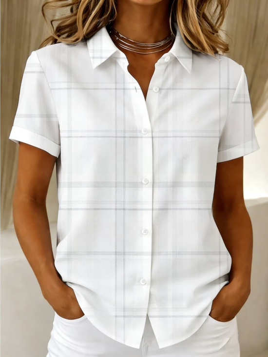 Women's Short Sleeve Shirt Summer White Plaid Printing Shirt Collar Daily Going Out Casual Top