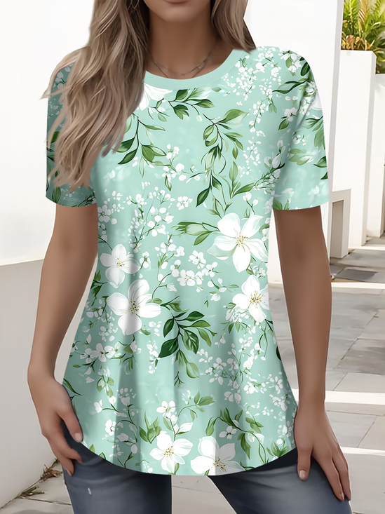Women's Short Sleeve T-shirt Summer Green Floral Printing Jersey Crew Neck Daily Going Out Casual Top
