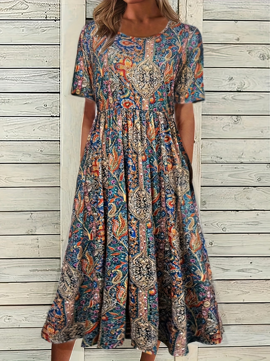 Women's Short Sleeve Summer As Picture Ethnic Printing Crew Neck Daily Going Out Casual Maxi H-Line Shift Dress Dress