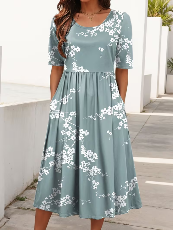 Women's Short Sleeve Summer Grey-blue Floral Printing Crew Neck Daily Going Out Casual Maxi H-Line Shift Dress Dress