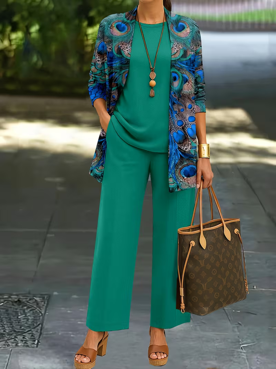 Women's Printing Peacock Daily Going Out Matching Outfit Green Casual Spring/Fall Multi-Piece Set Matching Set