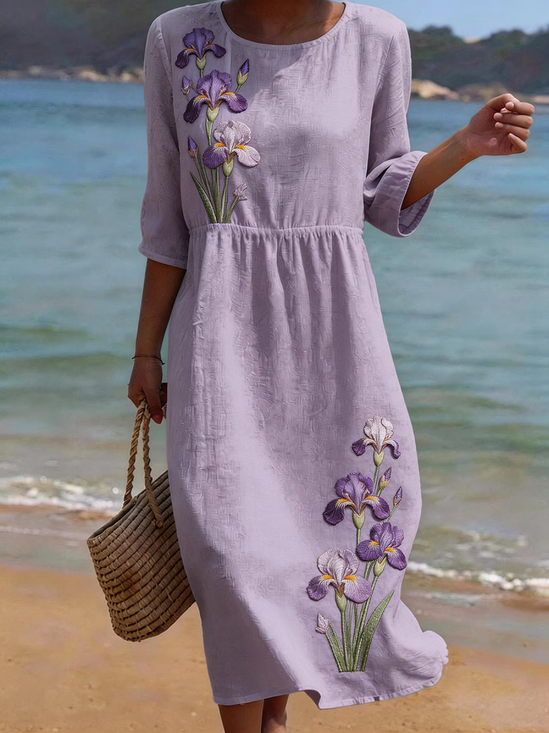 Women's Half Sleeve Summer Purple Floral Printing Crew Neck Daily Going Out Casual Maxi H-Line Dress