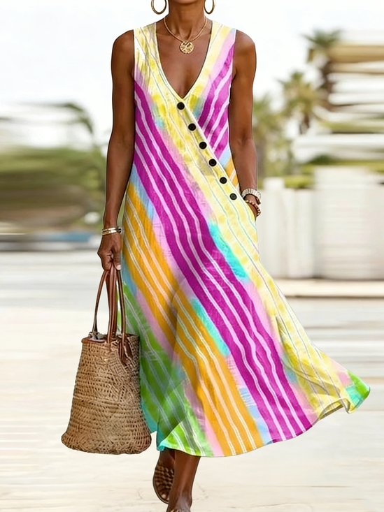 Linen Look Colorful Stripe Polka Dots V Neck Sleeveless Button Summer Vacation Casual Maxi Dress
