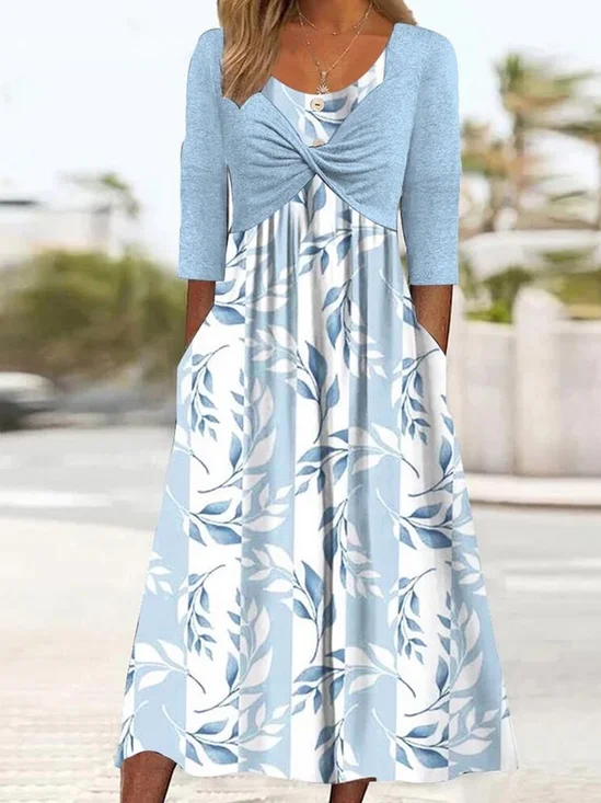 Floral Printed Color Block V Neck  Casual Fake Two Piece Dress