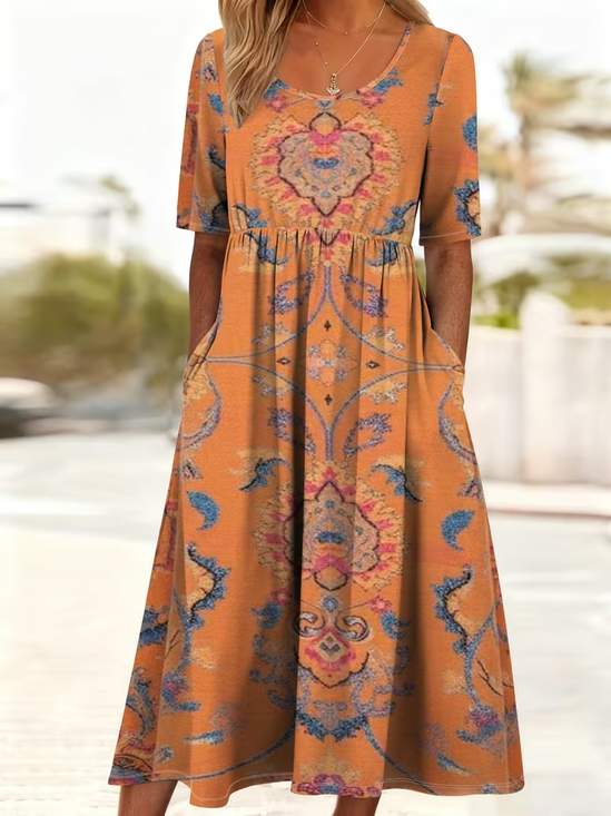 Women's Short Sleeve Summer Orange Ethnic Printing Crew Neck Daily Going Out Casual Maxi H-Line Shift Dress Dress