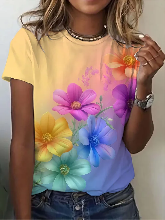 Women's Short Sleeve T-shirt Summer As Picture Floral Printing Jersey Crew Neck Daily Going Out Casual Top