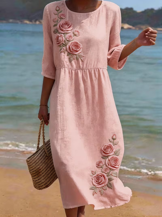 Women's Half Sleeve Summer Pink Floral Printing Crew Neck Daily Going Out Casual Maxi H-Line Dress